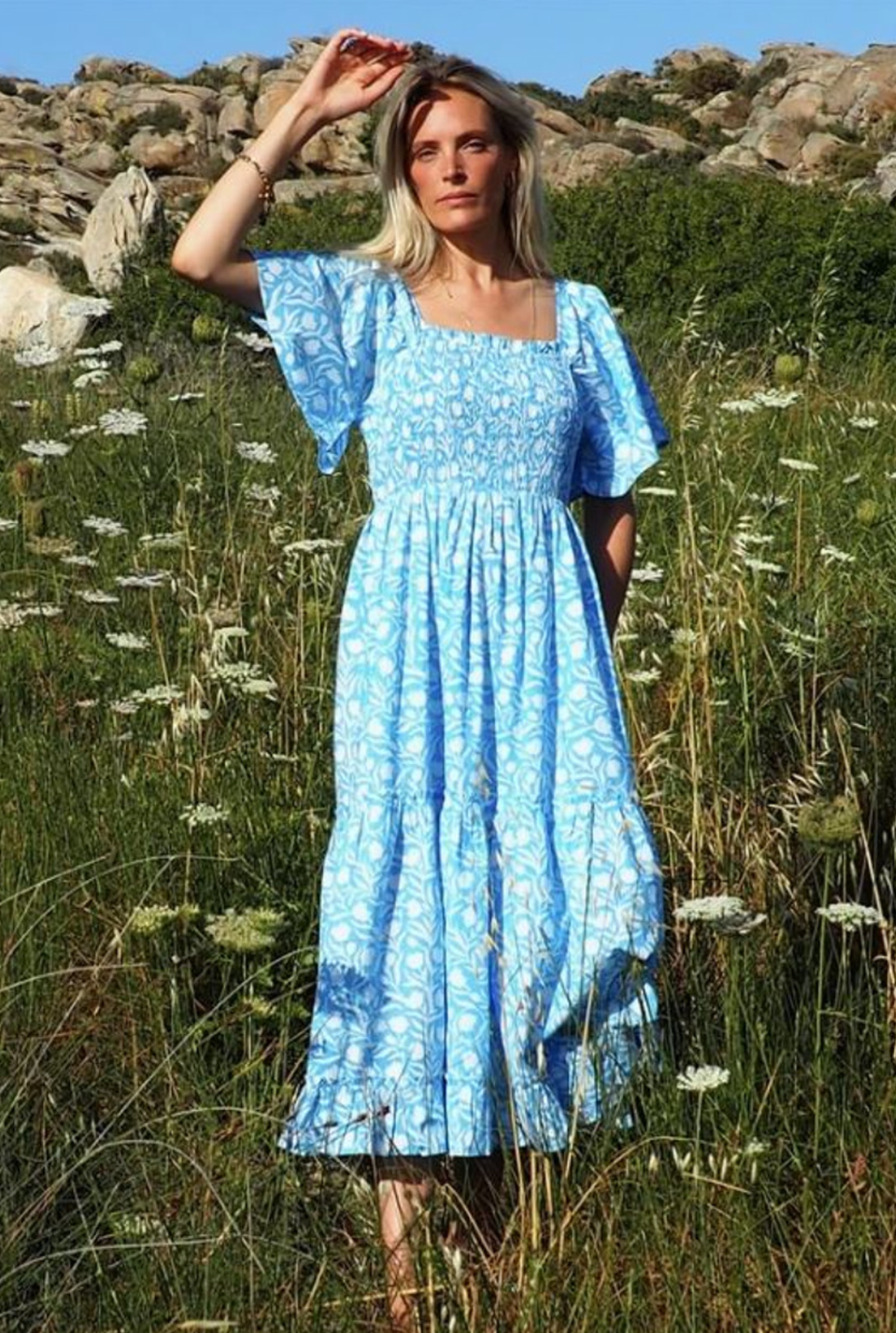 Pink City Prints Tuckernuck Lolita Smocked Midi Dress Blue Tulip Flutter Sleeves
